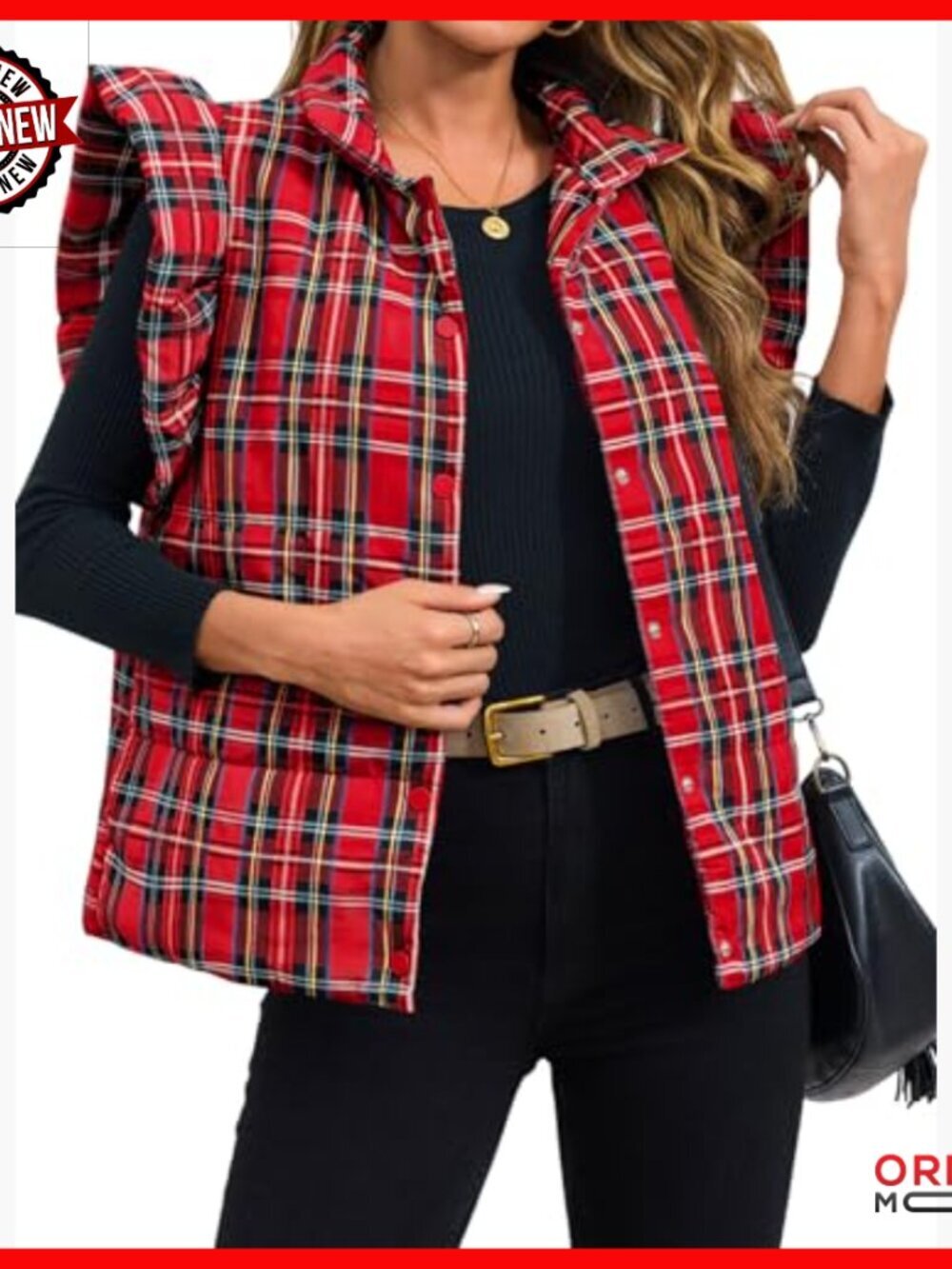 Lightweight Quilted Puffer Vest with Ruffle Sleeves, Button Closure - Picture 2 of 7
